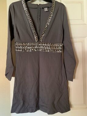 VENUS Gray Beaded V-Neck Evening Dress